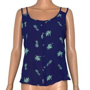 Mine Navy Blue Pineapple and Palm Tree Print Sleeveless Button Down Tank Top